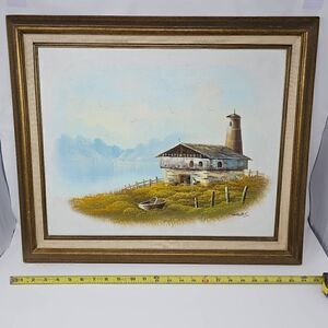 VINTAGE FRAMED RUSTIC HOUSE LIGHTHOUSE PAINTING FRAMED SIGNED GRAVES 21" X 25"